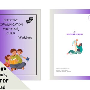 Peut inclure: Une couverture de téléchargement numérique violette et blanche pour un cahier d'exercices de 37 pages intitulé "Communication efficace avec votre enfant". La couverture présente une illustration d'une famille lisant un livre ensemble. Le texte "Cahier d'exercices" est également inclus sur la couverture.