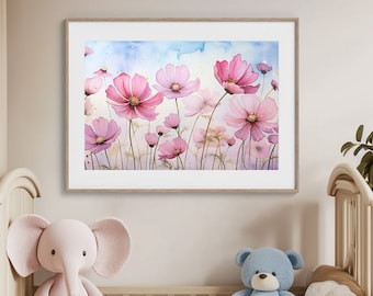 Acuarela Cosmos Rosa: Lámina floral para guardería (Descarga digital)
