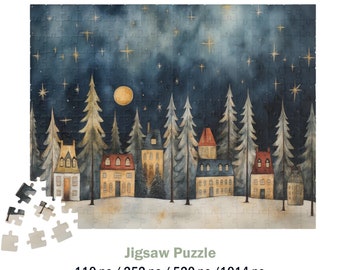 May include: A watercolour illustration of a snowy village scene with houses and trees under a starry night sky. The moon is visible in the top left corner of the image. The image is a jigsaw puzzle with 110, 252, 520, or 1014 pieces.