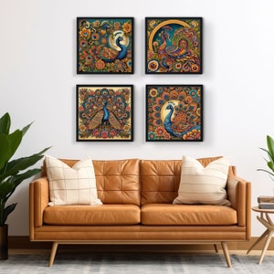 Download digital de arte de pavão, gravuras de arte oriental, arte indiana Kalamkari, arte de pássaros em pacote, gravuras indianas quadradas, gravuras de pássaros de arte asiática
