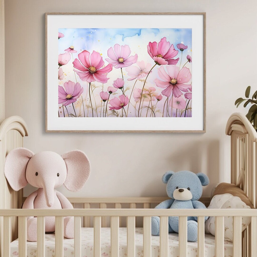Pink Flowers Art Print, Cosmos Painting, Pink Wildflowers Print, Floral ...