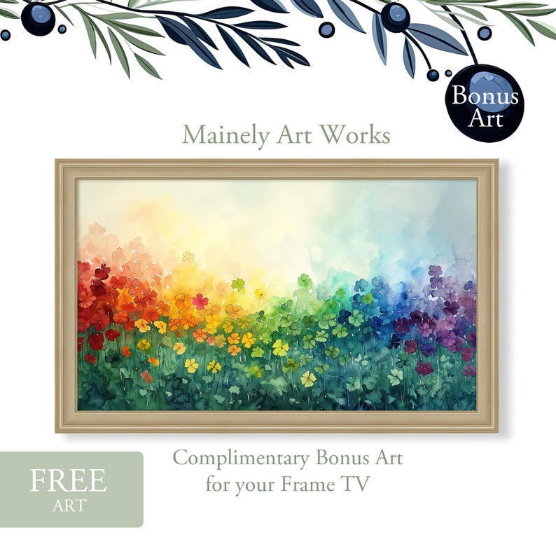 May include: A watercolor painting of a field of four-leaf clovers in a rainbow pattern. The clovers are arranged in a gradient from red to purple, with green leaves. The painting is framed in a light brown frame. The text "Mainly Art Works" is at the top of the image.
