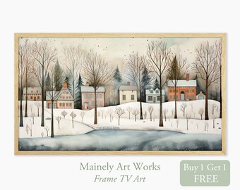 Winter Country Frame TV Art, Winter Primitive Scene for Samsung Frame TV, Vintage County Tv Art, Folk  Frame TV Art, Houses by Pond Frame Tv