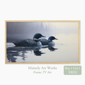 Black and White Painting for Samsung Frame TV Art, Loon Art for Frame TV, Two Loons on lake, Bird Nature Decor, Digital Download Tv art set