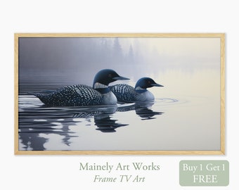 Black and White Painting for Samsung Frame TV Art, Loon Art for Frame TV, Two Loons on lake, Bird Nature Decor, Digital Download Tv art set