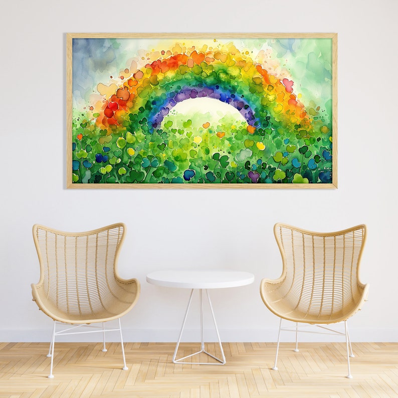 May include: A watercolor painting of a rainbow made of green shamrocks over a field of green shamrocks. The painting is framed in a light wood frame and is hanging on a white wall.