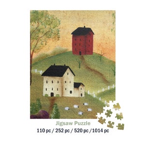 Farmhouse Sheep Jigsaw Puzzle: Folk Art Thanksgiving Design