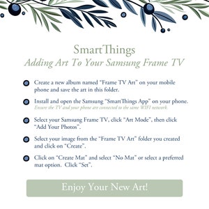 May include: A green and white illustrated guide with instructions on how to add art to a Samsung Frame TV using the SmartThings app. The guide includes a list of steps with bullet points and a green button that says "Enjoy Your New Art!"