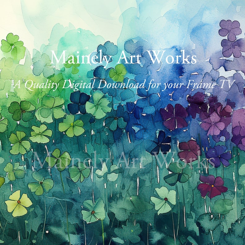 May include: Watercolor painting of a field of green and purple flowers. The flowers are painted in a loose, impressionistic style. The background is a soft blue and white.