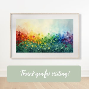 May include: Watercolor painting of a field of flowers in a rainbow pattern. The flowers are arranged in a row, with red flowers on the left, orange flowers in the middle, and purple flowers on the right. The flowers are surrounded by green leaves.