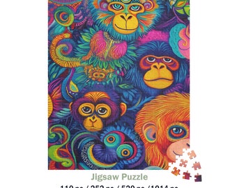 May include: A colourful jigsaw puzzle showing a detailed illustration of monkeys in various colours. The puzzle is available in different piece counts: 110, 252, 520, and 1014 pieces. The monkeys are depicted in shades of blue, orange, and purple.