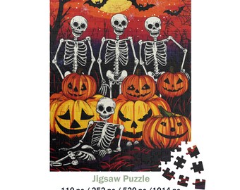 May include: A Halloween-themed jigsaw puzzle featuring skeletons, jack-o'-lanterns, and bats against a red and orange background. The puzzle includes the text "Jigsaw Puzzle" and options for 110, 252, 520, or 1014 pieces.