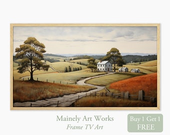 Farmhouse Frame TV Art, Country Farm Painting for Samsung Frame TV, Oil Painting of Farm and House, Digital Download Farmland Frame Tv Set