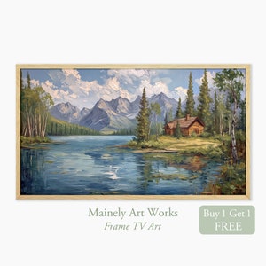 Landscape Samsung Frame TV Art, Lake Mountain Art for TV, Log Cabin Painting, Spring Summer Frame TV Art Decor, Digital Download Art tv set