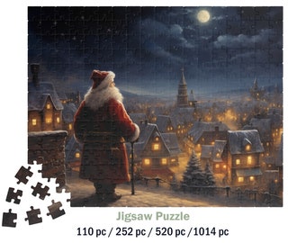May include: A jigsaw puzzle featuring Santa Claus overlooking a snow-covered town at night under a full moon. The puzzle includes a partial view of the assembled image and the text "Jigsaw Puzzle". Available in 110, 252, 520, and 1014 pieces.