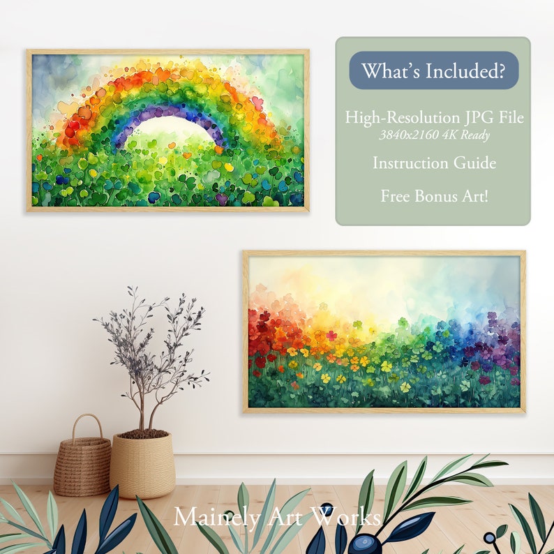 May include: Two framed watercolor paintings of a rainbow over a field of four-leaf clovers. The top painting shows a full rainbow arching over the field. The bottom painting shows a field of clovers with a rainbow gradient of colors.