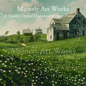 May include: A painting of a rural landscape with three houses in the distance. The houses are white with grey roofs and are surrounded by green grass and trees. The foreground is a field of white flowers.