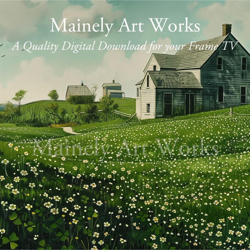 May include: A painting of a rural landscape with three houses in the distance. The houses are white with grey roofs and are surrounded by green grass and trees. The foreground is a field of white flowers.