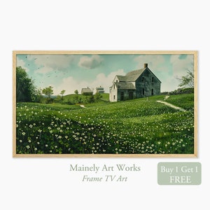 May include: A painting of a white farmhouse with a green field in the foreground. The house has a brown roof and white trim. There are trees in the background. The painting is framed in a light wood frame.