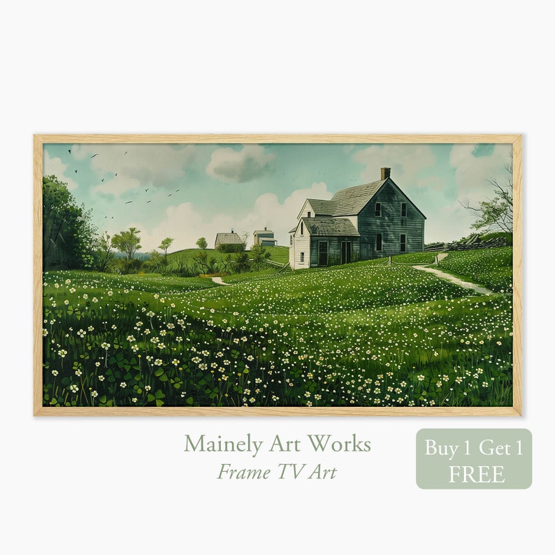 May include: A painting of a white farmhouse with a green field in the foreground. The house has a brown roof and white trim. There are trees in the background. The painting is framed in a light wood frame.