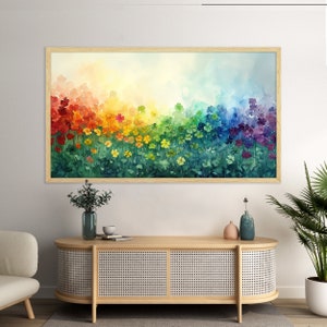 May include: A watercolor painting of a rainbow of flowers. The flowers are arranged in a gradient from red to purple, with green leaves in the background.