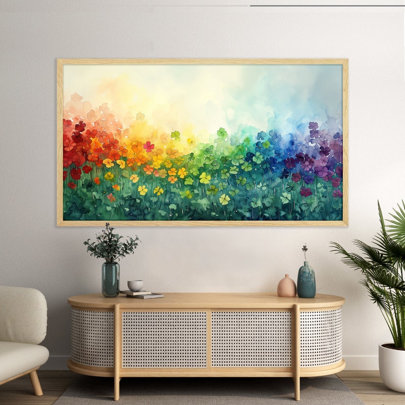 May include: A watercolor painting of a rainbow of flowers. The flowers are arranged in a gradient from red to purple, with green leaves in the background.