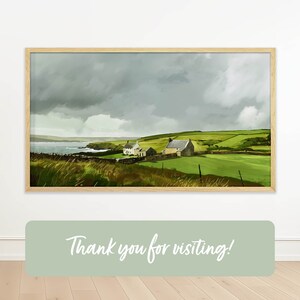 May include: A painting of a green field with a few houses in the distance. The sky is cloudy and the sea is visible in the background.