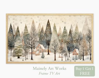 Winter Farmhouse Scene: Vintage Folk Art for Samsung Frame TV (Digital Download)