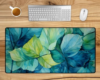 Green Leaf Watercolor Desk Mat: Cottagecore Office Decor
