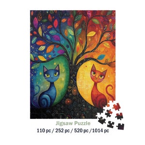May include: A colorful jigsaw puzzle featuring a tree with two cats sitting on branches. The tree has a rainbow of colors, with the left side being blue and green and the right side being orange and yellow. The cat on the left is blue and the cat on the right is orange. The puzzle is available in four sizes: 110 pieces, 252 pieces, 520 pieces, and 1014 pieces.