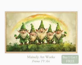 St Patrick's Day Samsung Frame TV Art, Painting of Gnomes Art for TV, Rainbow Gnomes Shamrocks TV Art, St Pattys Day Decor Digital Download