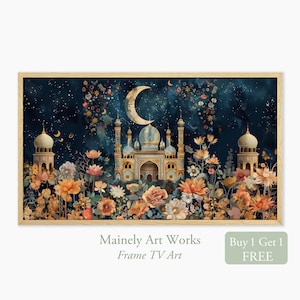 Puede incluir: Una impresión de arte digital que presenta una ilustración detallada de una mezquita con detalles dorados, rodeada de un exuberante jardín de flores y una luna creciente en un cielo estrellado. La impresión está enmarcada en un marco de madera claro.