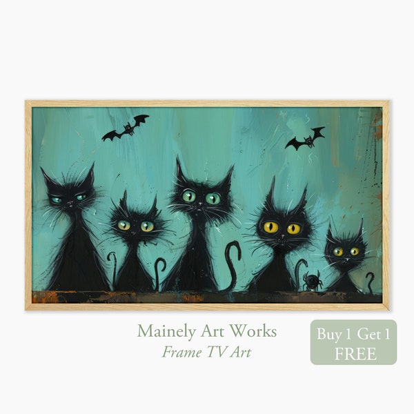 Halloween Samsung Frame TV Art, Painting of Black Cats for Frame TV, Whimsical Cats TV Art, Cats on Turquoise and Orange Background, Digital