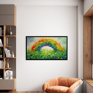 May include: A watercolor painting of a rainbow made of colorful dots over a field of green dots. The rainbow is arched and the colors are vibrant.
