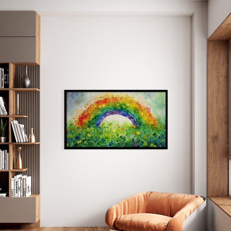 May include: A watercolor painting of a rainbow made of colorful dots over a field of green dots. The rainbow is arched and the colors are vibrant.
