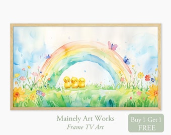 Easter Art for Frame TV, Painting of Rainbow, Samsung Frame TV Baby Chicks, Yellow Chicks Frame, Easter Rainbow, Digital Download TV Art