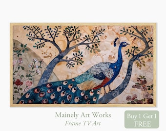 Arte indio para Frame TV, pintura de pavo real para Samsung Frame TV, diseño indio Kalamkari, arte persa, arte islámico, descarga digital