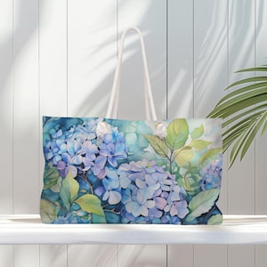 Bolso de mano floral, flores de hortensia en bolso grande, bolso de viaje, bolso de playa, bolso de fin de semana, bolso de todo, regalo para hija, amiga o mamá