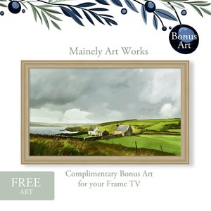 May include: A painting of a green field with two houses and a cloudy sky. The houses are white with brown roofs. The field is surrounded by a fence. The sky is a light blue with white clouds. The painting is framed in a light brown frame. The text "Mainly Art Works" is at the top of the image. The text "Complimentary Bonus Art for your Frame TV" is at the bottom of the image.