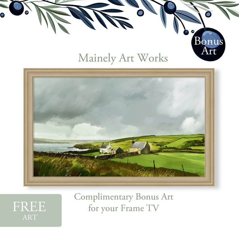 May include: A painting of a green field with two houses and a cloudy sky. The houses are white with brown roofs. The field is surrounded by a fence. The sky is a light blue with white clouds. The painting is framed in a light brown frame. The text "Mainly Art Works" is at the top of the image. The text "Complimentary Bonus Art for your Frame TV" is at the bottom of the image.