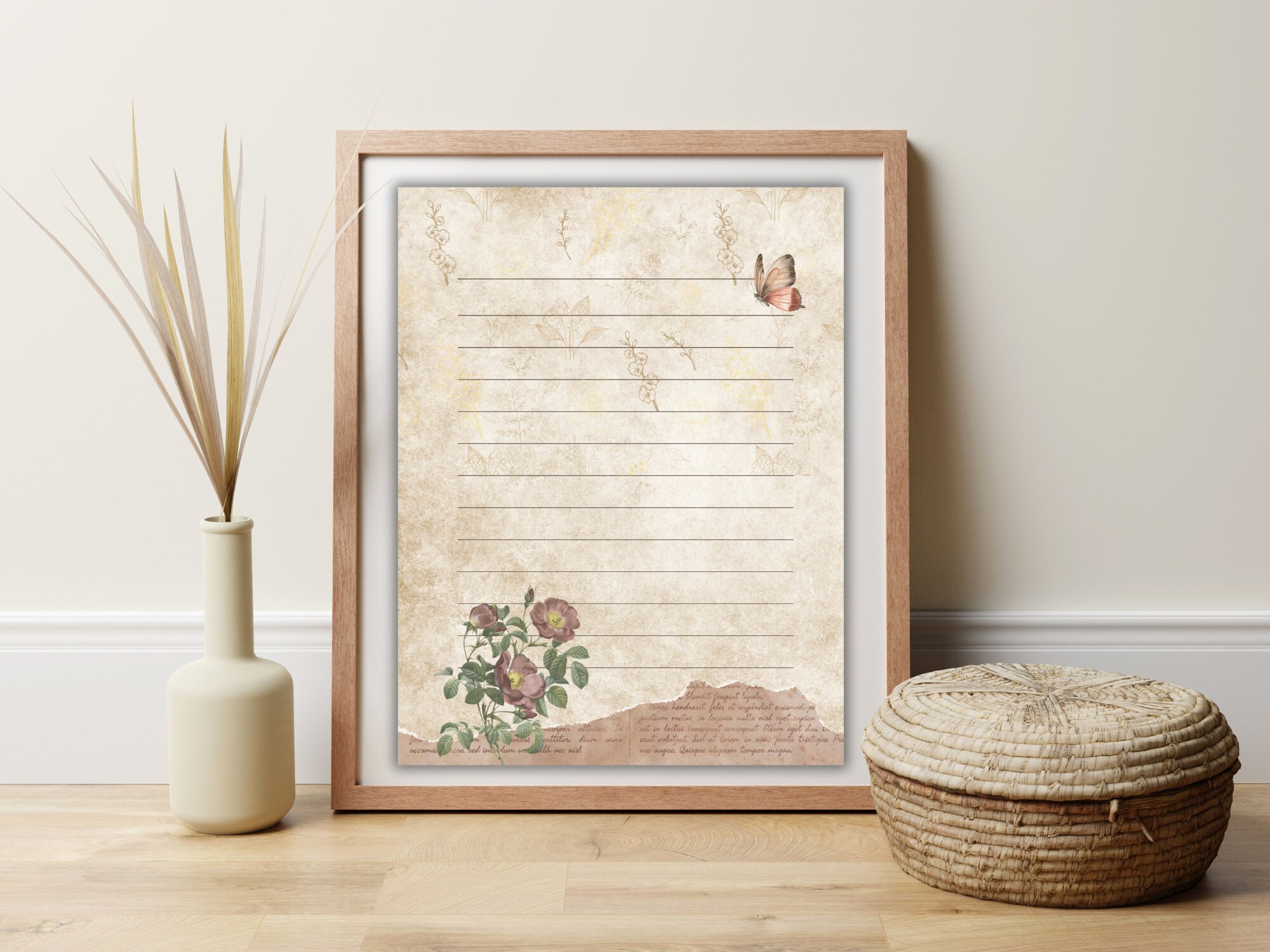 Notebook Paper, Vintage Printable Note Set, Vintage Flower Printable Stationery, Digital Note ...