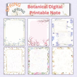 May include: A collection of six botanical digital printable notes. The notes feature floral and botanical designs, including cherry blossoms, blue and purple flowers, and gold frames. The top banner reads "Botanical Digital Printable Note" with the word "Spring" in the upper left corner.