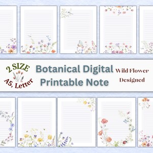 Conjunto de notas botânicas para impressão, conjunto de papelaria para impressão, papel para notas digitais, tamanho carta e a5, papel para caderno, folhas de letras