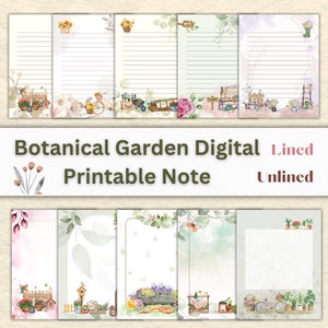 May include: Printable digital note paper featuring a botanical garden theme. The paper has a lined and unlined option. The design includes watercolor illustrations of flowers, plants, a bicycle, a birdhouse, and a bench.