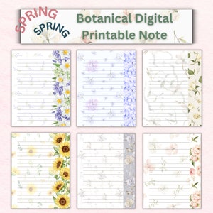 Papel para caderno, pacote de notas botânicas para impressão, papelaria para impressão de flores, papel para notas digitais, notas forradas
