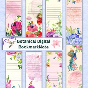 Peut inclure: Notes de signet botaniques imprimables avec des motifs floraux et des oiseaux. Les motifs comprennent un colibri, un paon, une libellule et une variété de fleurs. Le texte "Botanical Digital BookmarkNote" est imprimé sur l'image.