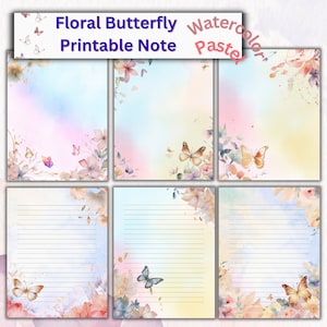 Set di note stampabili botaniche/farfalle, nota acquerello pastello, set di cancelleria stampabile, carta per appunti digitale, nota foderata e non foderata