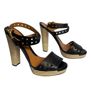 Fendi Black Leather Platform Sandals Ankle Strap Open Toe High Heels 38.5eu