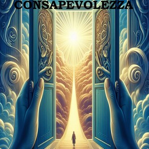 Può includere: Illustrazione artistica di un sentiero di luce attraverso porte aperte, con il testo "PERCORSO di CONSAPEVOLEZZA" in alto. La parte inferiore dell'immagine recita "La Via del Guerriero Verso la Libertà". L'immagine è nei toni del blu, dell'oro e del bianco.
