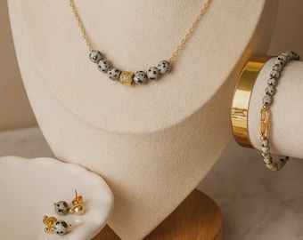 Minimalist Dalmatian Jasper Jewelry Set, Gold Necklace Bracelet Earrings Everyday Neutral Set